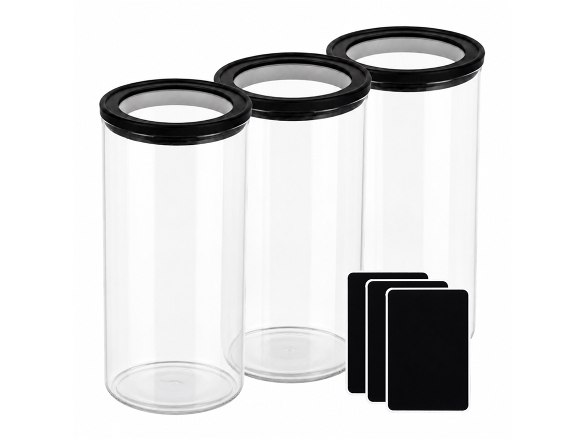 Relaxdays Tarros De Cristal, Set 3 X 1200 Ml, Tapa Hermética, Etiquetas, Para Despensa Y Cocina, Transparentes/negros