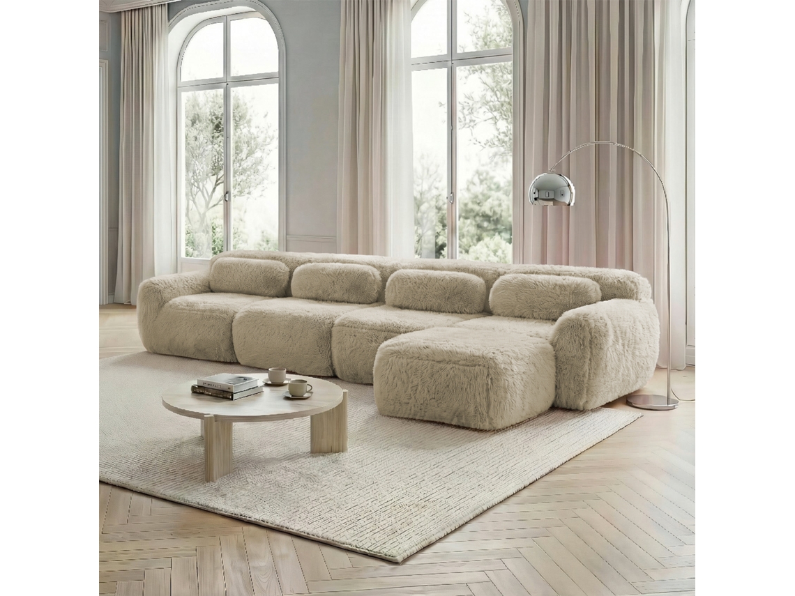 Sofá Modular L 4 Plazas - Chaiselongue, Premium Felpa, Sin Montaje, Con Cojines - Khaki Claro
