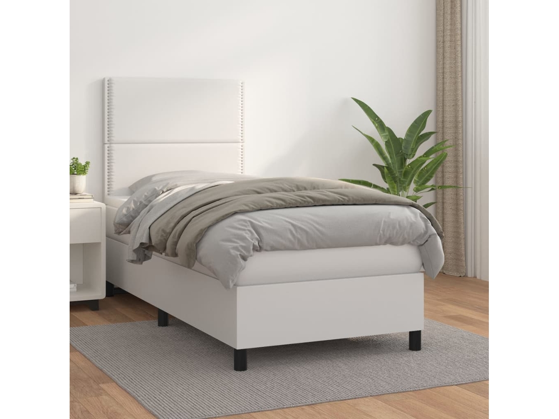 Cama Box Spring Con Colchón Cuero Sintético Blanco 100x200 Cm