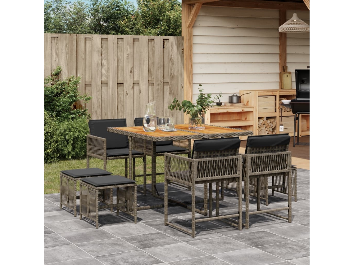 Juego de comedor de jardín de 9 piezas DKD Home Decor con cojines de mimbre gris