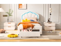 Cama Individual Infantil Cama Con Cabecero En Forma De Concha 90x200cm Con Luz Led, Cajón Y Terciopelo Blanco - Diseño Acogedor Y Tierno