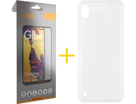 Carcasa + 1 Protector de Vidrio Full Samsung Galaxy A10 ACCETEL Silicona Liso Transparente
