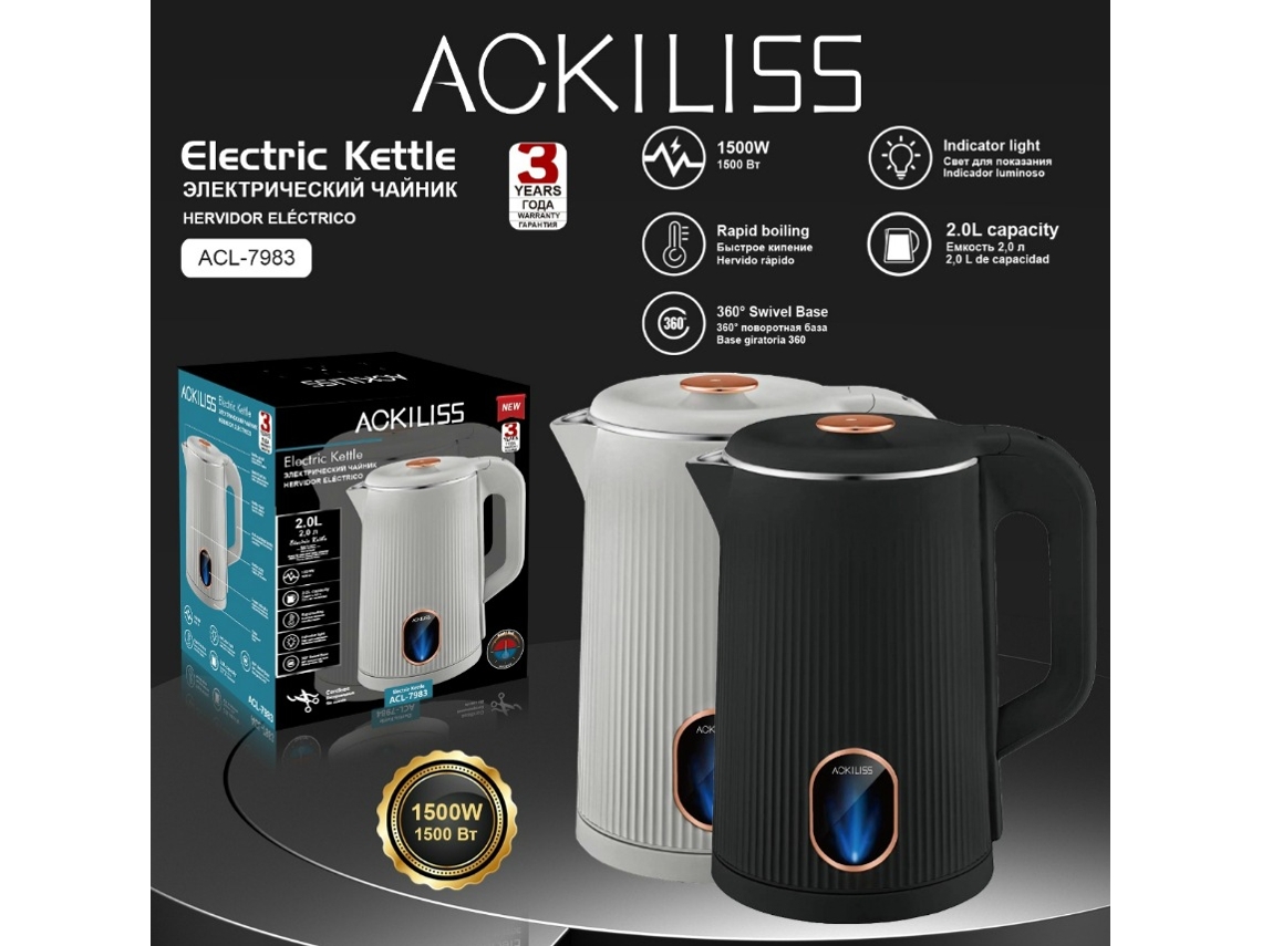 Hervidor eléctrico estándar europeo de acero inoxidable de doble pared con sistema antiebullición y capacidad de 1,65 l. Mdug