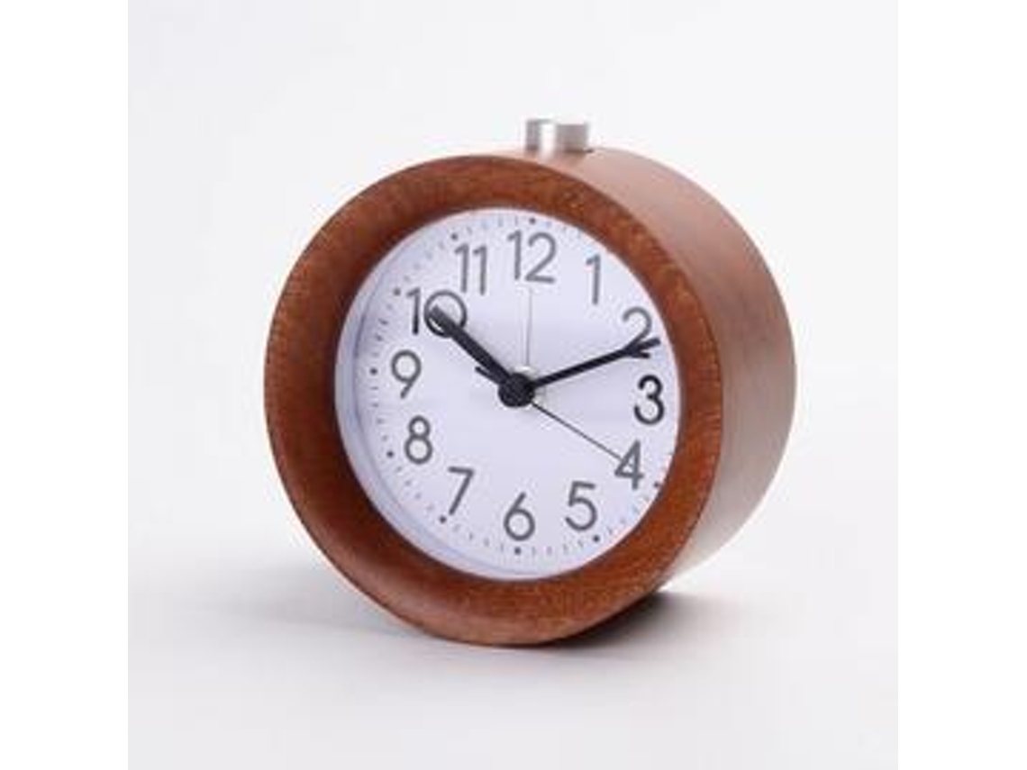Reloj analógico con marco de madera, diseño portátil, funciona con pilas, sin tictac, volumen de timbre ajustable, perfecto para viajes.