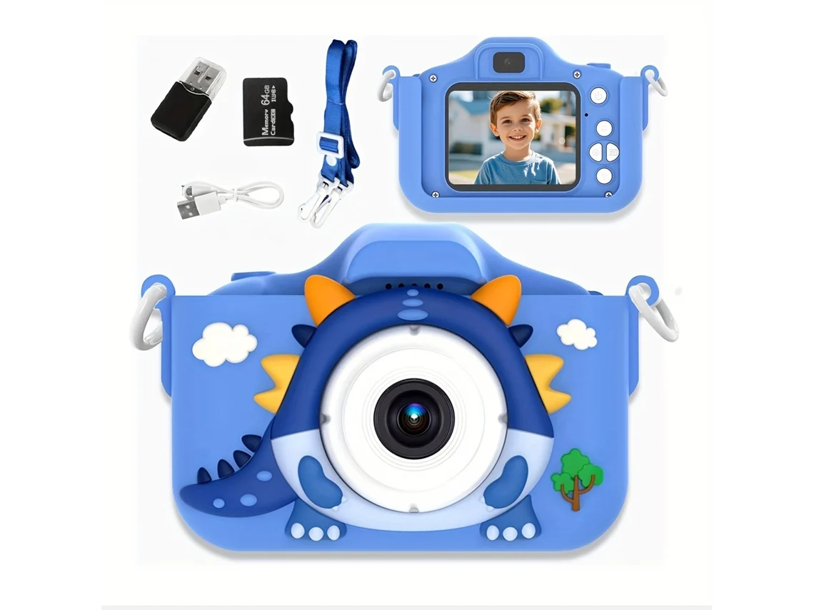 Cámara infantil Digitallab Dinosaur de 48 MP con doble cámara y grabación de vídeo HD de 1080p, 64 GB, color azul