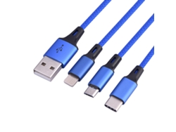 Cabo De Carregamento Rápido 3 Em 1 1.2m Usb Para Iphone Android Type-c Micro Nylon Azul