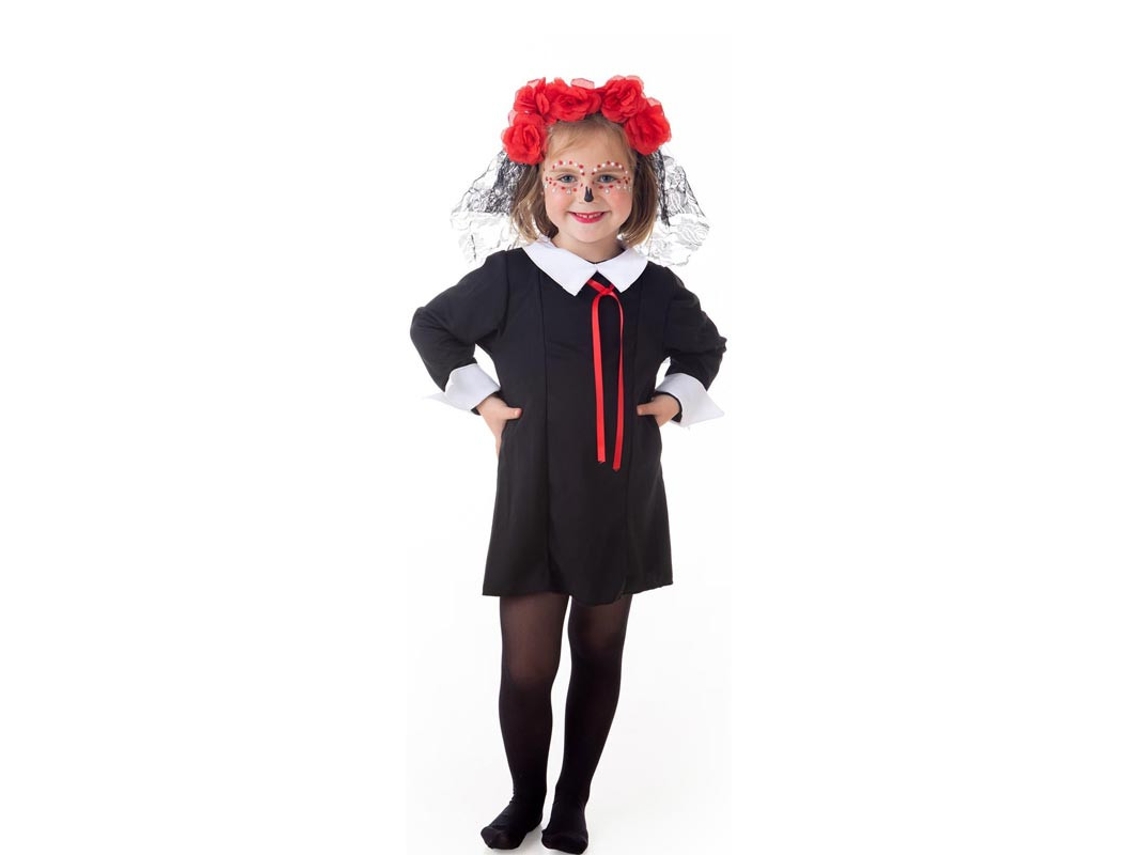 Disfraz de Catrina en vestido negro con corona para niña