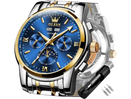 VEANXIN Reloj mecánico automático Tourbillon de acero inoxidable resistente al agua con fecha luminosa para hombre(correa y cara azul)