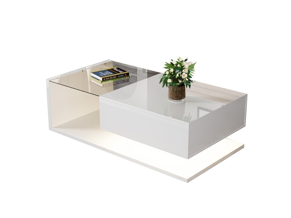 Mesa De Centro 105x55x32,5 Cm - Con Vidrio Y Efecto Led - Blanco