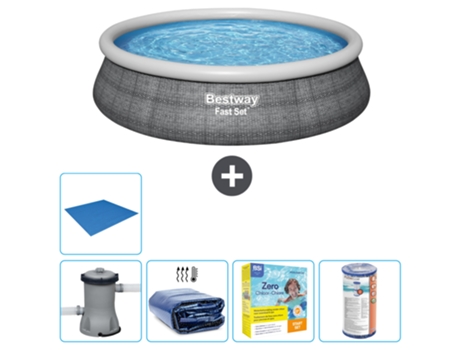Piscina hinchable redonda Fast Set BESTWAY - Estampado ratán - 457 x 84 cm - Bomba incluida Vela solar - Paquete de mantenimiento - Filtrar - Suelo