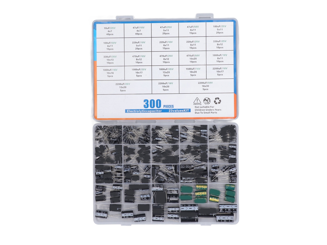 Kit De 300 Condensadores Electrolíticos De Aluminio Radial 23 Valores 10-2200uf 10v-50v