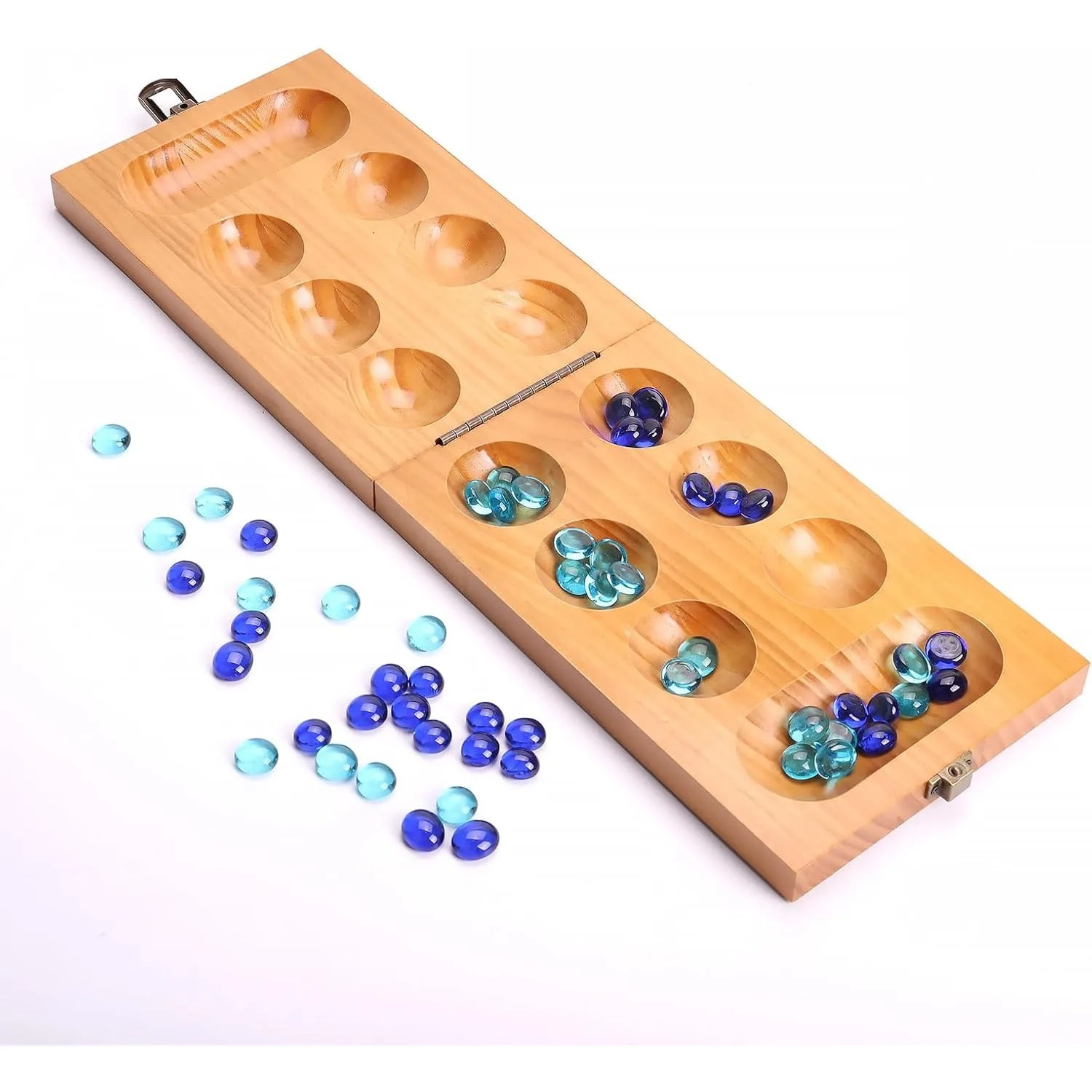 Juego de ajedrez de madera Mankara, tablero plegable con piezas de vidrio bicolor.