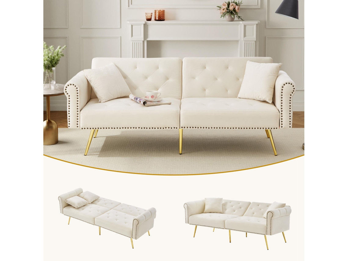 Sofá de 2 plazas, moderno con respaldo ajustable y patas de metal beige dorado, Mobrio