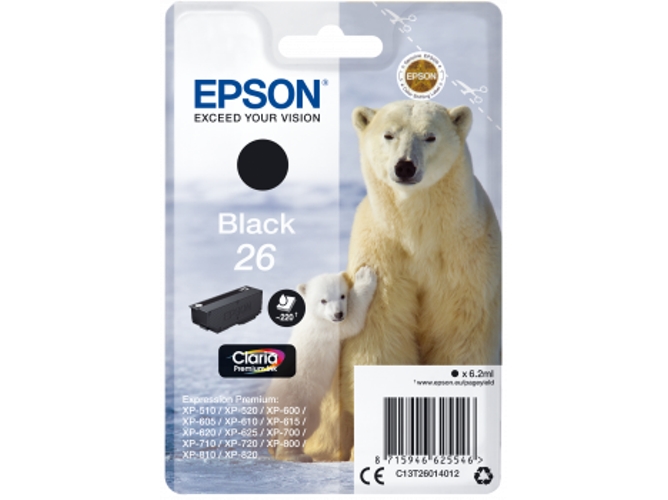 Cartucho de tinta original EPSON, 26, Oso polar 6,2 ml , Negro, C13T26014012, T2601