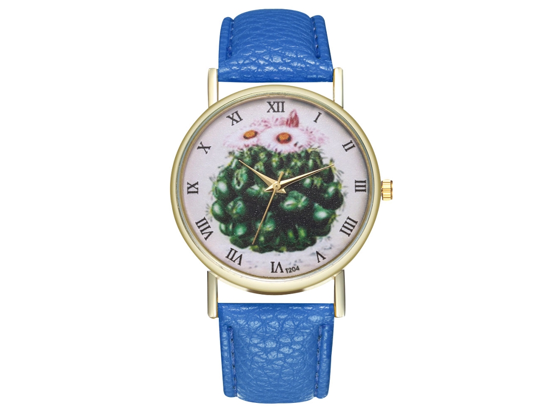 Reloj De Cuarzo Unisex Con Correa De Cuero Pu, Dial De Cactus, Azul Real