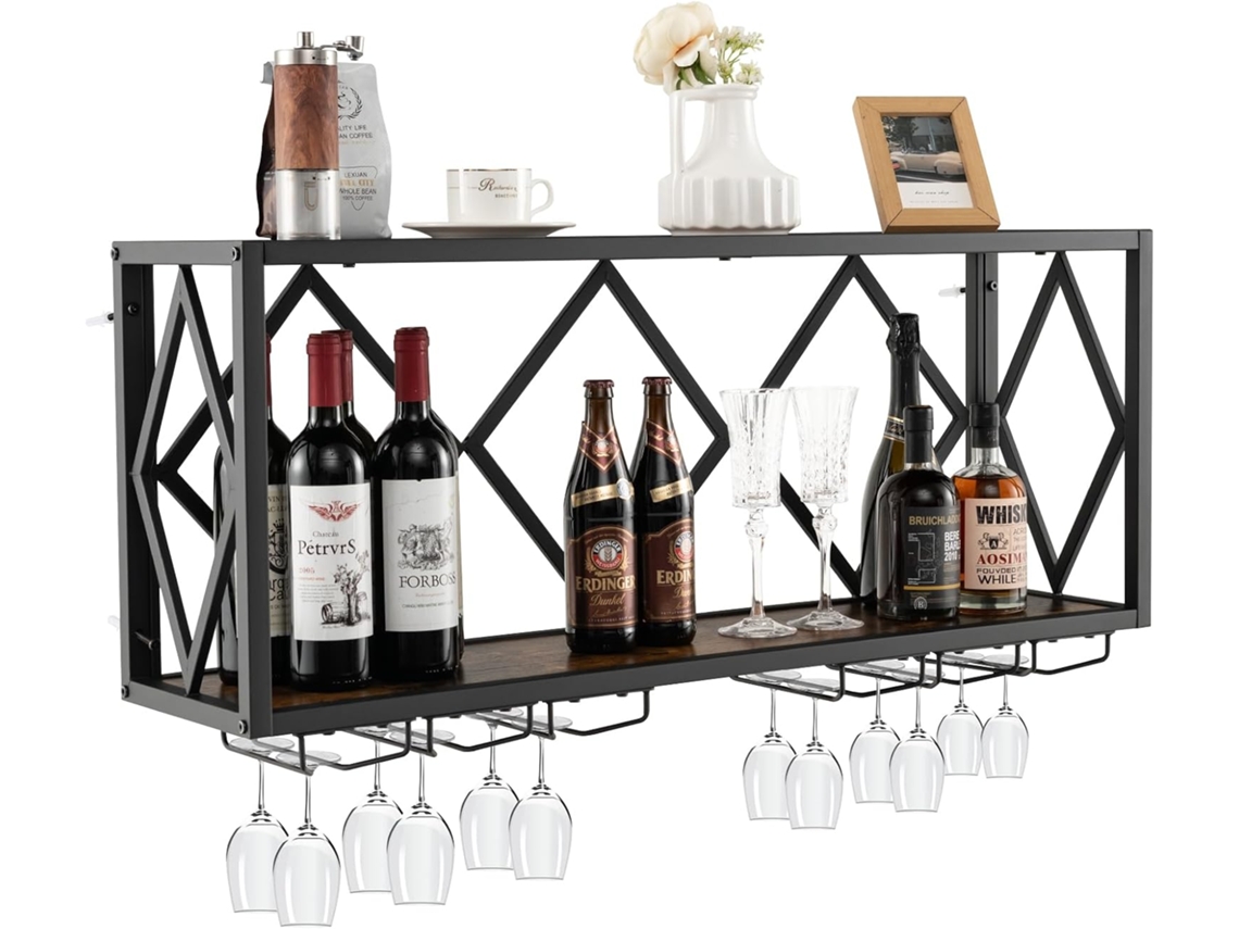Soporte de Pared para Botellas de Vino, Estantería de Vino Industrial con Portabotellas para 39 Botellas y 12 Copas, Estante COSTWAY