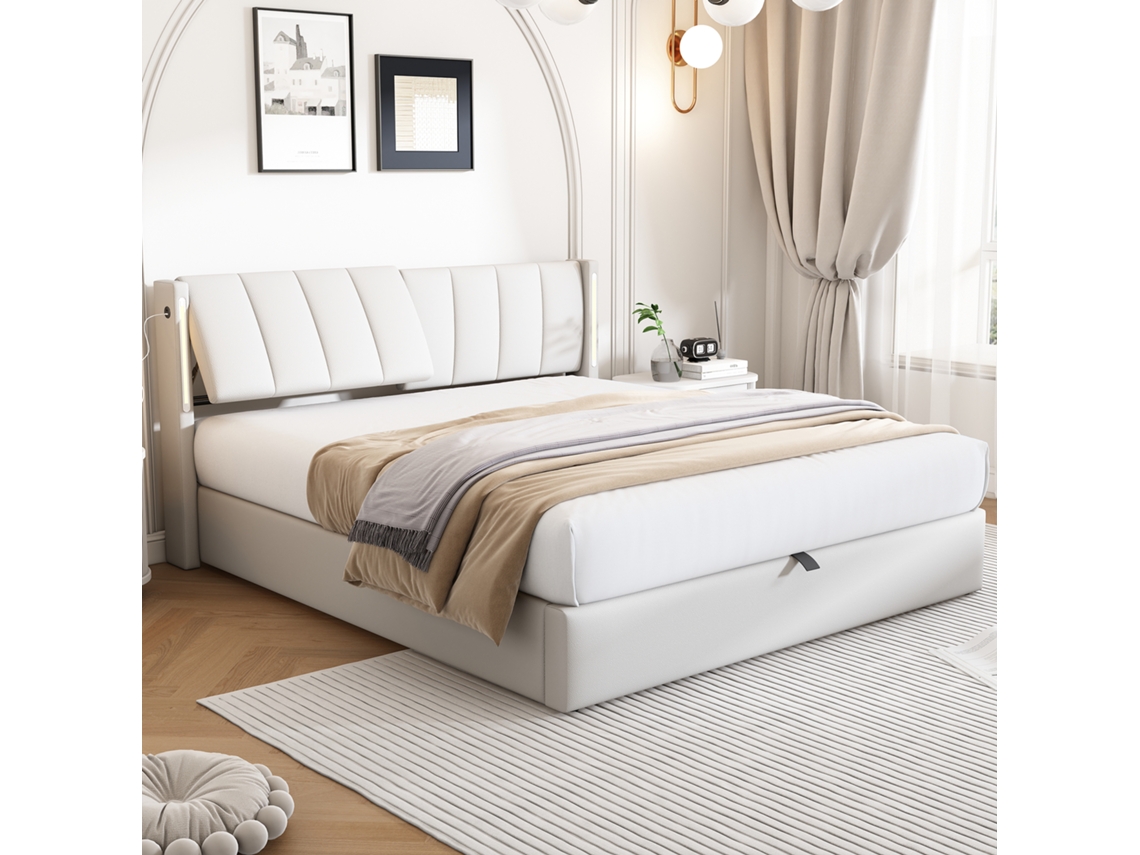Cama Led Tapizada 140x190 Cm Con Almacenamiento Hidráulico, Cabecera Ajustable 3 Posiciones, Puerto Usb Tipo-c Recargable, Blanco