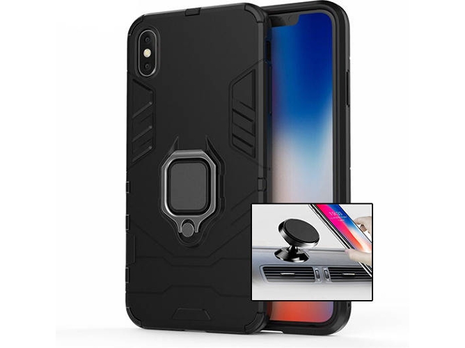 Kit Funda y Soporte Magnetico Auto iPhone XS Max Military Defender Negro