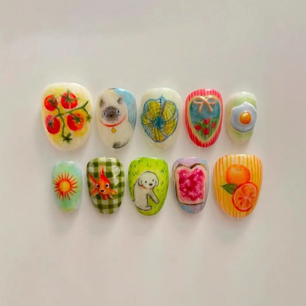 (xm471-m) 10 Puntas De Uñas Cortas Almendradas Hechas A Mano