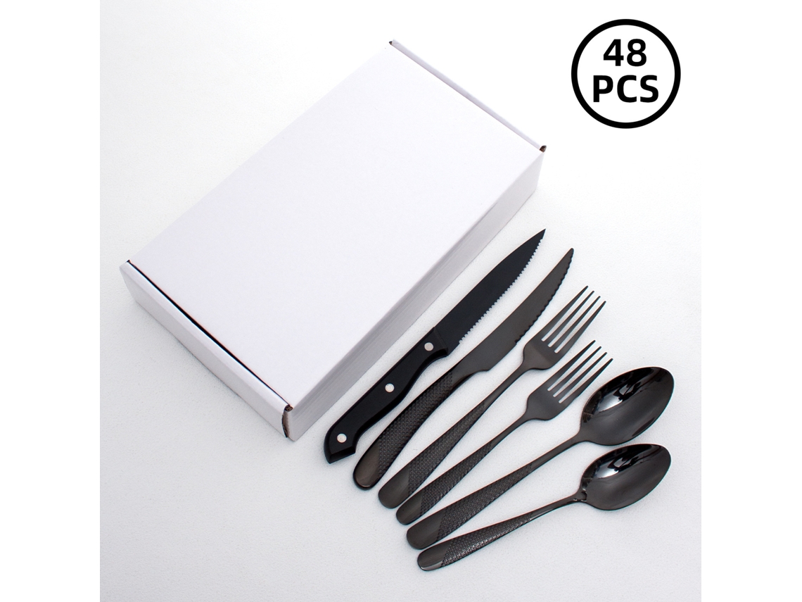 (juego De 48 Piezas - Negro) Juego De Cubiertos De Acero Inoxidable Con Incrustaciones De Diamantes Engrosados, Cubiertos, Tenedor Y Cuchara