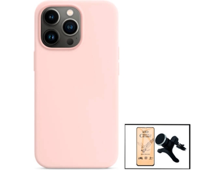 Kit Cristal Templado CeramicGlass Full Cover, Funda Silicona Liquida y Soporte Magnético de Coche Reforzado Apple iPhone 13 Pro PHONECARE Rosa