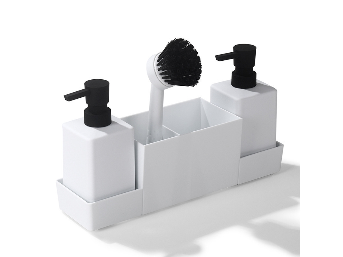 Dispensador de jabón de cocina MDUG con soporte para esponja, apto para escurridores de fregadero (blanco)