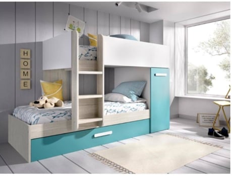 Cama Tren 3 Camas DKIT Tom (Blanco/Esmeralda/R. Gris Malla - 150x244x112 cm)