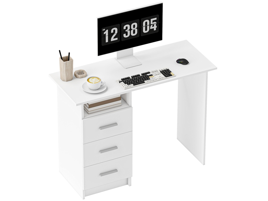 Escritorio Para Ordenador Con 3 Cajones Y Estante Abierto, Estilo Moderno, 100 X 40 X 75 Cm, Blanco