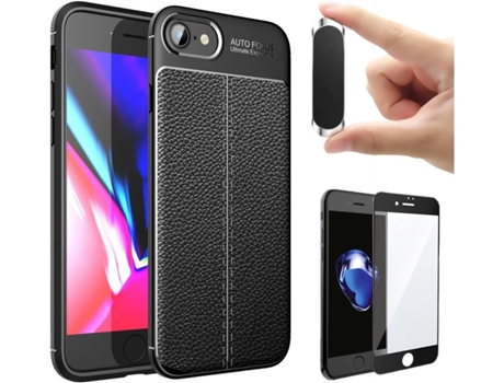 Carcasa + Protector + Soporte iPhone SE 2020 Rugged Leather Negro