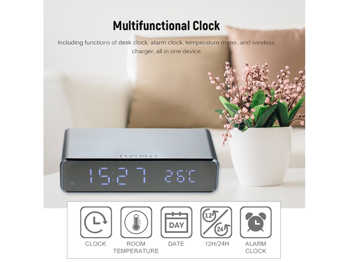 Relógio De Mesa Com Carregamento Sem Fio, Termômetro, Alarme Led Digital E Calendário Para Lar, Escritório E Dormitório