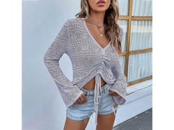 2026-jersey De Punto Para Mujer Con Cuello En V Manga Larga Cropped De Color Sólido Suave Casual Para Primavera Y Verano