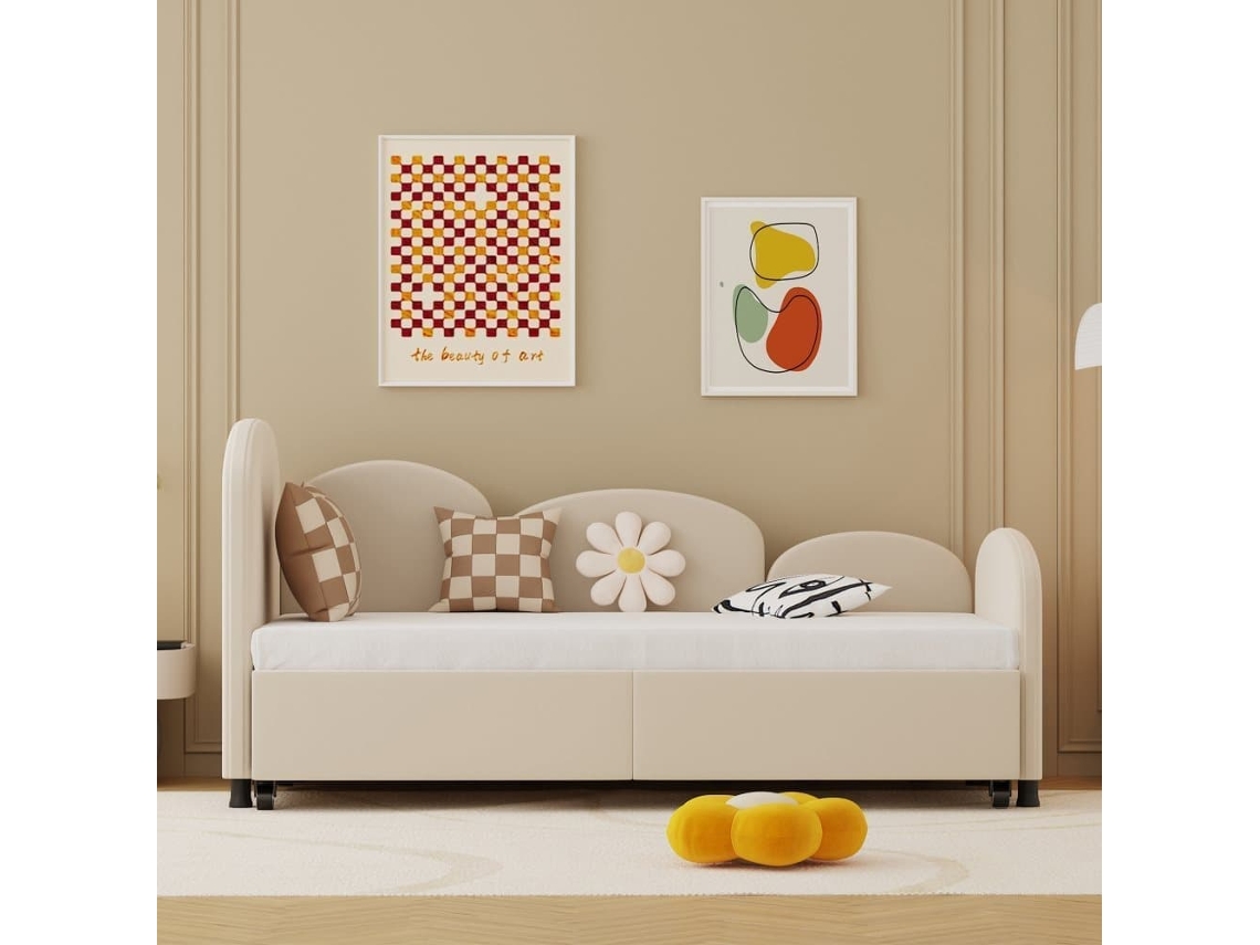 Sofá Cama Twin Size - Con Cajones De Almacenaje, Tapizado De Terciopelo - Beige