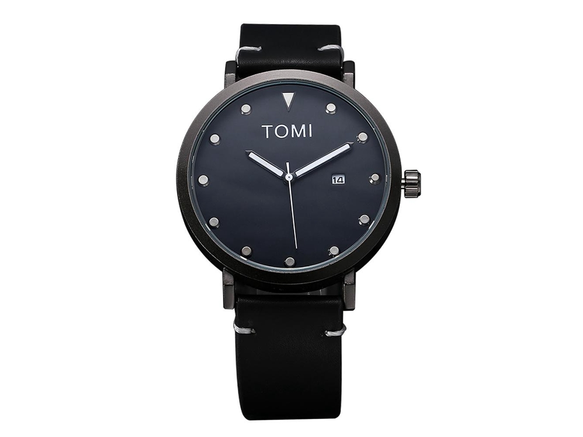 Reloj De Pulsera Para Hombre Tomi De Aleación Correa Pu Dial Redondo Cuarzo Negro