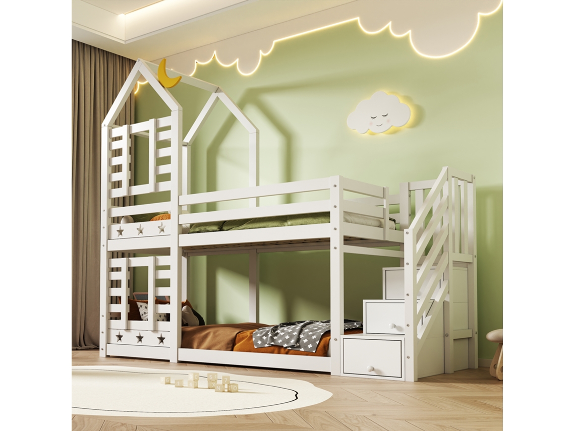 Cama infantil, modelo Litera Casa del Árbol con cajones y protección anticaídas, 90