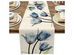 2026-runner Para Mesa 13 X 71 Pulgadas Azul Tela Lino Con Flores Decoración Resistente Lavable