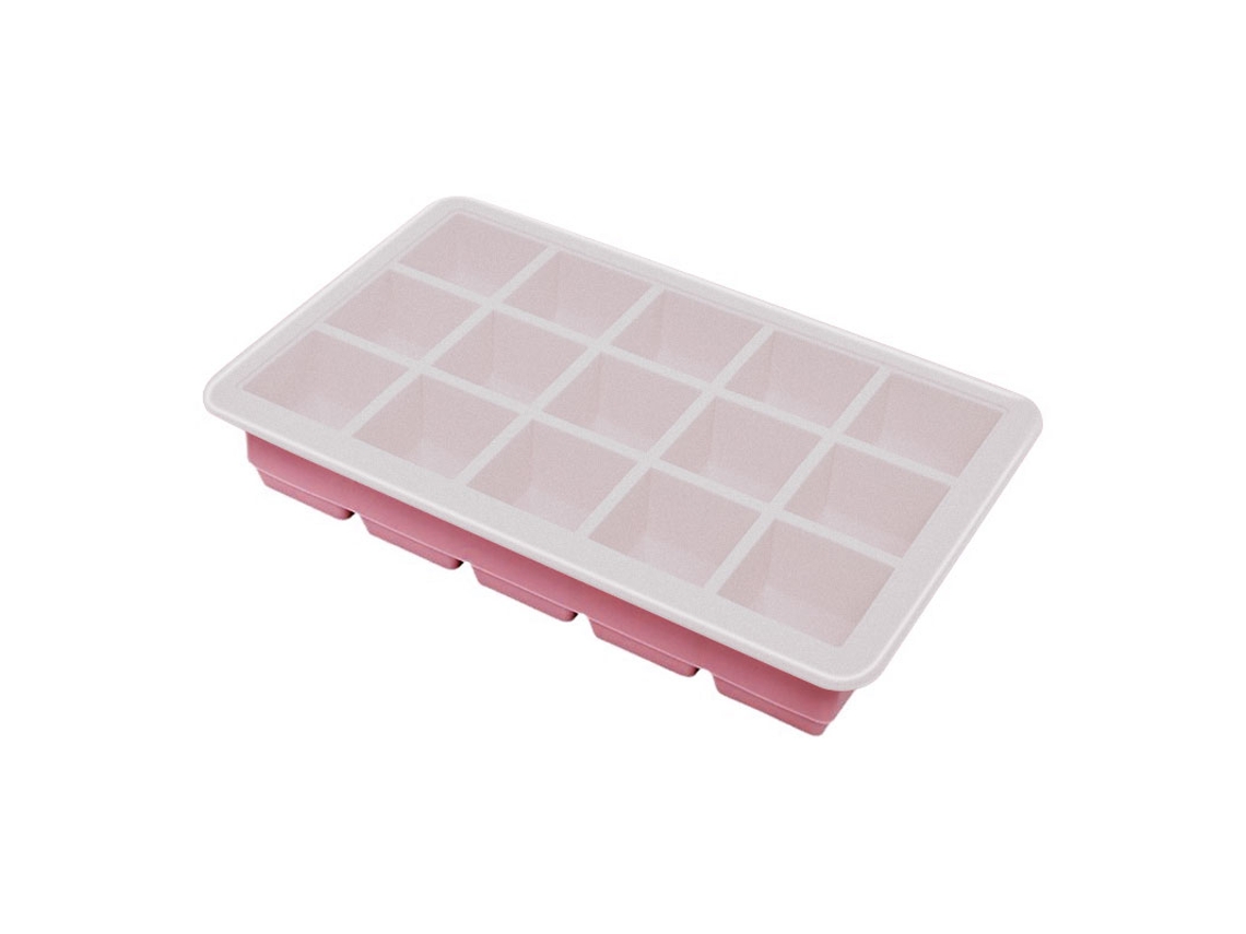 Bandeja para cubitos de hielo de silicona grande, flexible, cuadrada y apilable con tapa. MDUG (rosa, con 15 compartimentos).
