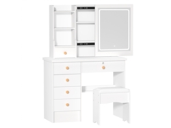 Tocador Moderno Blanco Flasidu Con Espejo Led Y 6 Cajones, Espejo Deslizante Grande, Taburete Acolchado, Madera, 80*36*132cm