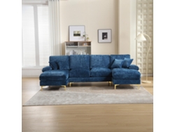 Sección U En Felpa, Doble Chaise Longue, 4 Cojines, Patas Altas Doradas Metálicas, Para Salón Grande, Ideal Para Familias, Azul