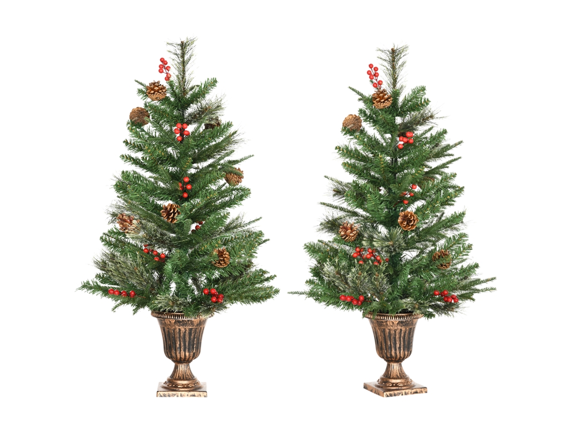 Juego de 2 árboles de Navidad artificiales de 90 cm con jarrón ignífugo que contiene 110 ramas, 70 bayas, 8 piñas y hojas de PVC verde.