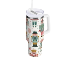 Taza térmica navideña con diseño de cascanueces, 1200 ml, con pajita y tapa aislante de acero inoxidable con asa (sin marca).