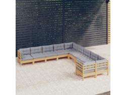 10 Piezas Conjunto Lounge De Jardim C/ Almofadões Cinza Pinho Dkd Home Decor