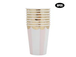 Juego de platos y vasos desechables con estampado dorado para vajilla de fiesta y eventos.