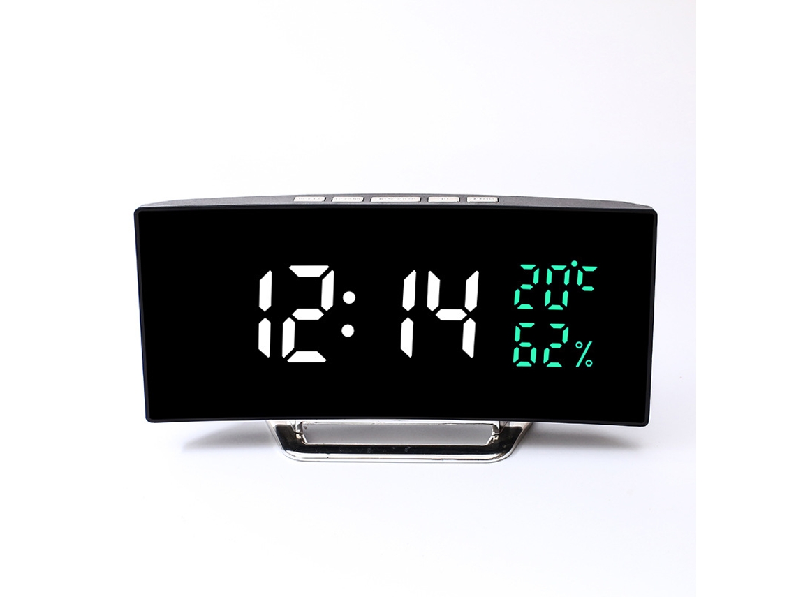 Reloj Despertador Con Espejo Curvo Led, Reloj Digital, Termómetro E Higrómetro, Ajuste De Brillo En Tres Niveles - Blanco Y Verde
