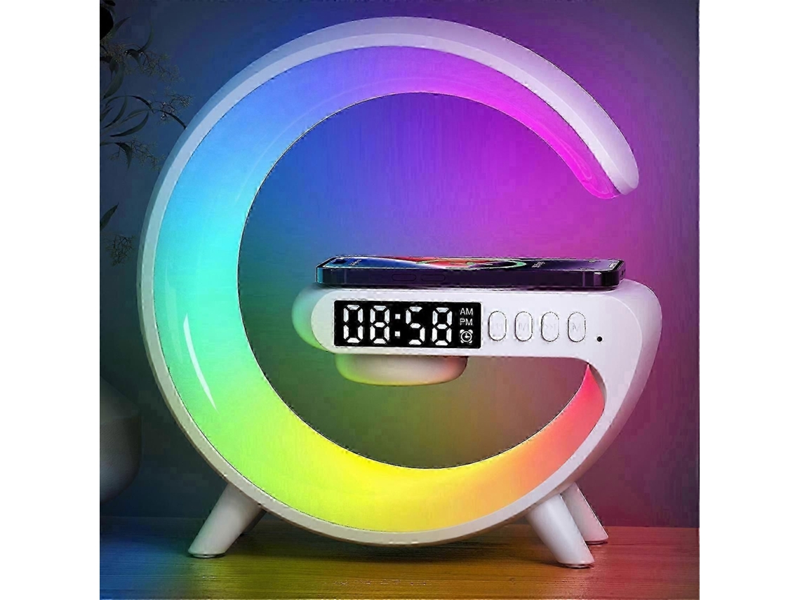 Altavoz Bluetooth G69 con forma de G, carga inalámbrica, despertador y luz de activación.