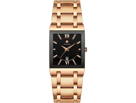 VEANXIN Reloj cuadrado resistente al agua de acero inoxidable en oro negro-Rosa negro