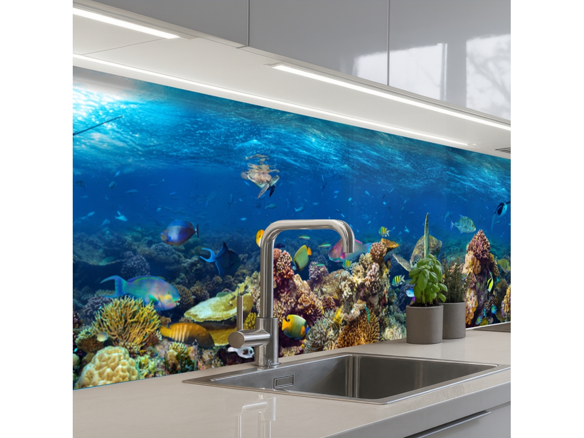 Salpicaderos De Cocina Paisaje Submarino - Pez - Tortuga - Azul 300x60 Cm