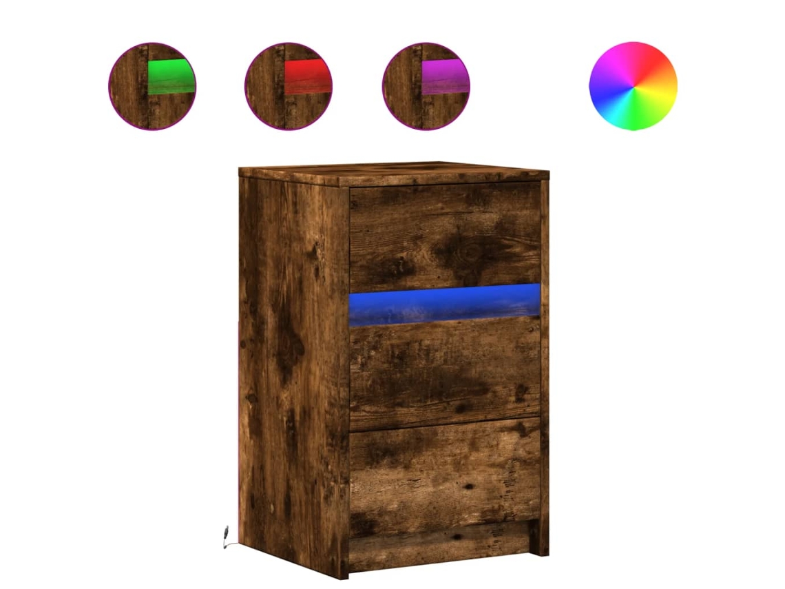Mesita de noche con luces LED, acabado en madera de roble ahumado, MAISON EXCLUSIVE