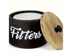 Cesta dispensadora de madera rústica con tapa, ideal para almacenamiento y decoración de barra de café.