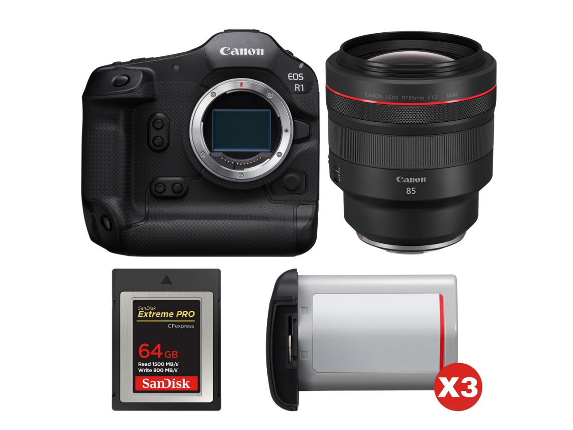 Canon EOS R1 + RF 85mm F/1.2 L Usm + 1 Sandisk 64GB Extreme Pro CFExpress Tipo B + 3 Canon LP e19 + Libro electrónico “20 consejos para fotos impresionantes”