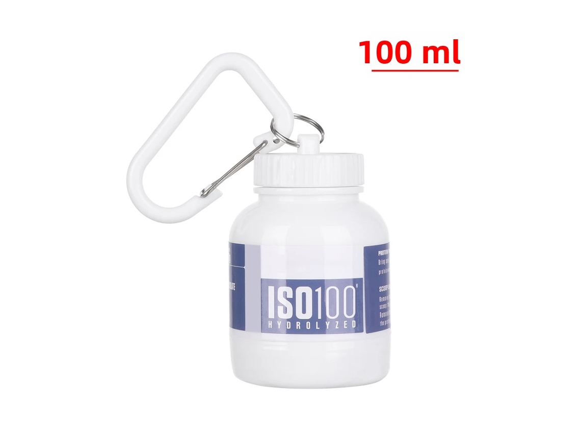 Mini botella de agua de proteína portátil MDUG con llavero, embudo para la salud y vaso pequeño para agua blanca.